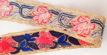 Blue And Gold Hand Embroidered Cutwork Lace Trim, Floral Embroidery Beaded, Wedding Trim